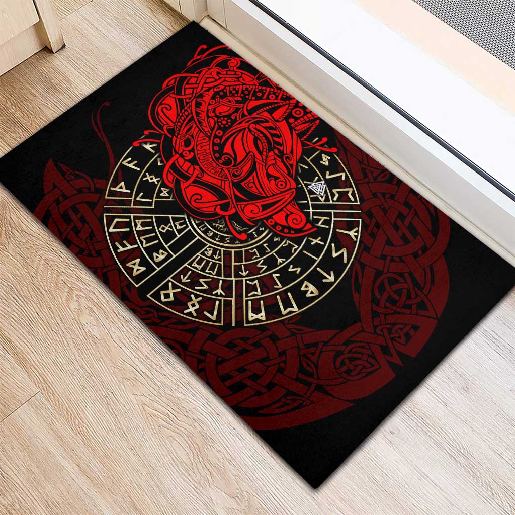Yggdrasil Rubber Doormat with Red Norse Dragon and Runes Viking Heritage Tribute - Wonder Print Shop
