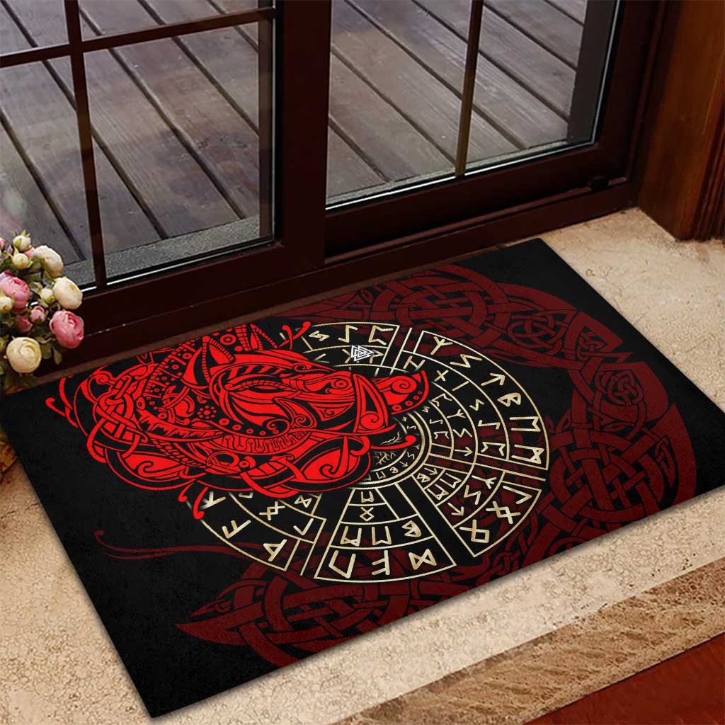 Yggdrasil Rubber Doormat with Red Norse Dragon and Runes Viking Heritage Tribute - Wonder Print Shop