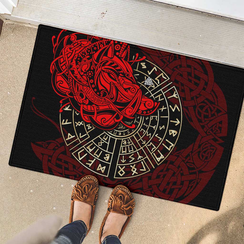 Yggdrasil Rubber Doormat with Red Norse Dragon and Runes Viking Heritage Tribute - Wonder Print Shop
