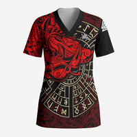 Yggdrasil Scrub Top with Red Norse Dragon and Runes Viking Heritage Tribute - Wonder Print Shop