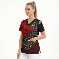 Yggdrasil Scrub Top with Red Norse Dragon and Runes Viking Heritage Tribute - Wonder Print Shop