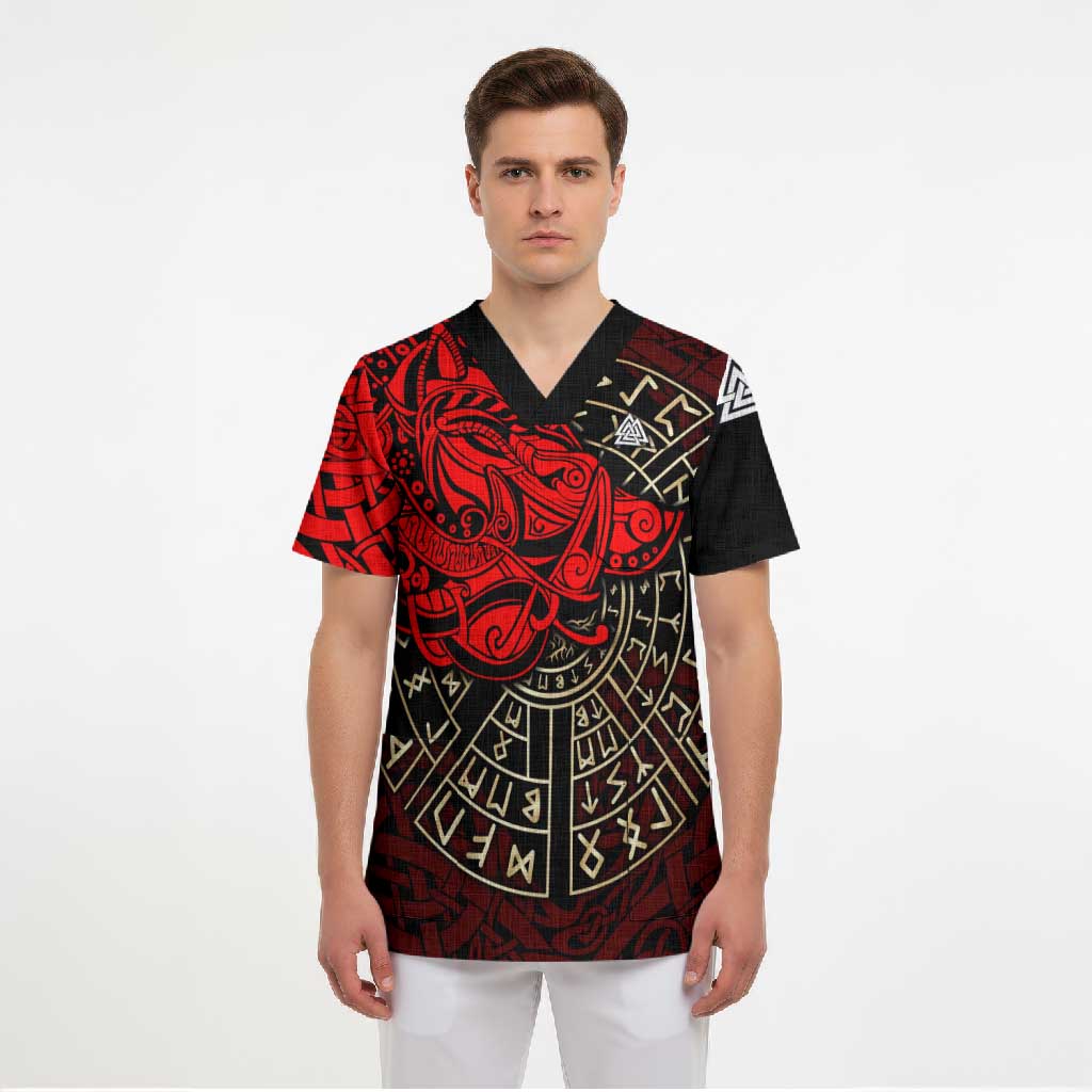 Yggdrasil Scrub Top with Red Norse Dragon and Runes Viking Heritage Tribute - Wonder Print Shop