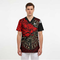 Yggdrasil Scrub Top with Red Norse Dragon and Runes Viking Heritage Tribute - Wonder Print Shop