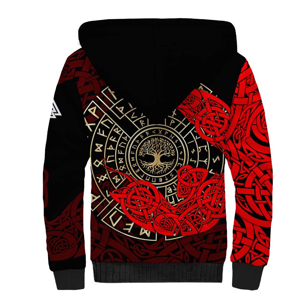 Yggdrasil Sherpa Hoodie with Red Norse Dragon and Runes Viking Heritage Tribute - Wonder Print Shop