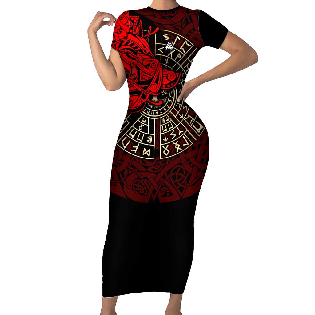 Yggdrasil Short Sleeve Bodycon Dress with Red Norse Dragon and Runes Viking Heritage Tribute - Wonder Print Shop