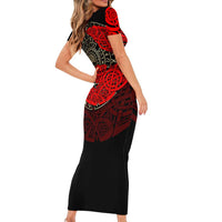 Yggdrasil Short Sleeve Bodycon Dress with Red Norse Dragon and Runes Viking Heritage Tribute - Wonder Print Shop