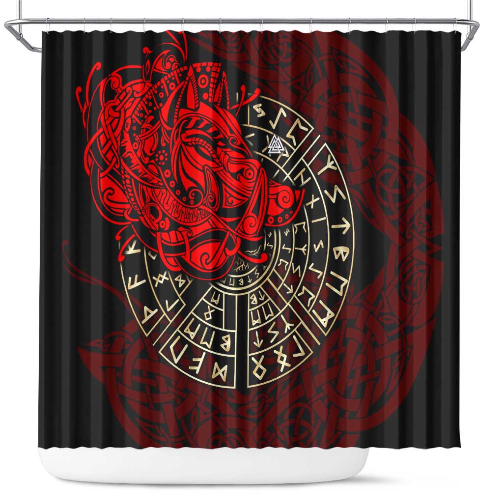 Yggdrasil Shower Curtain with Red Norse Dragon and Runes Viking Heritage Tribute - Wonder Print Shop