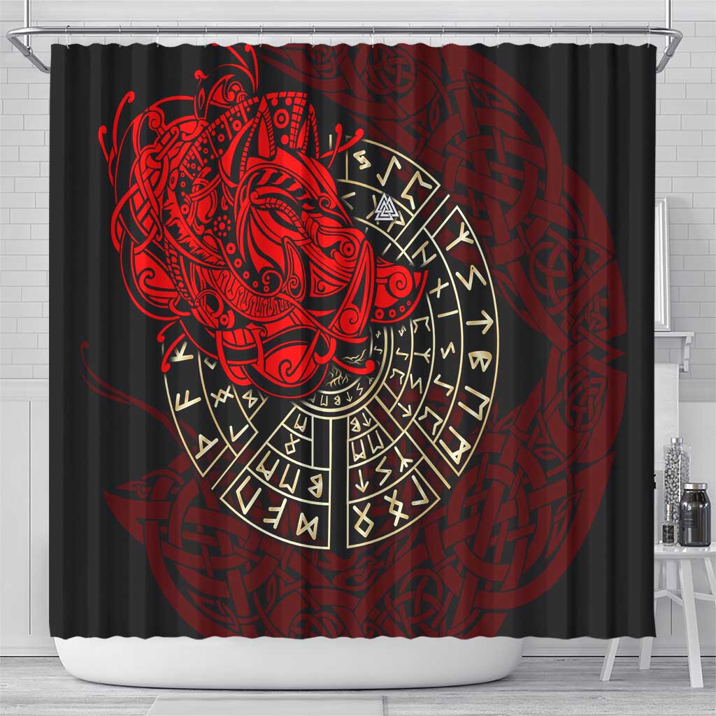 Yggdrasil Shower Curtain with Red Norse Dragon and Runes Viking Heritage Tribute - Wonder Print Shop