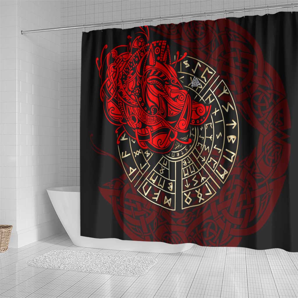 Yggdrasil Shower Curtain with Red Norse Dragon and Runes Viking Heritage Tribute - Wonder Print Shop