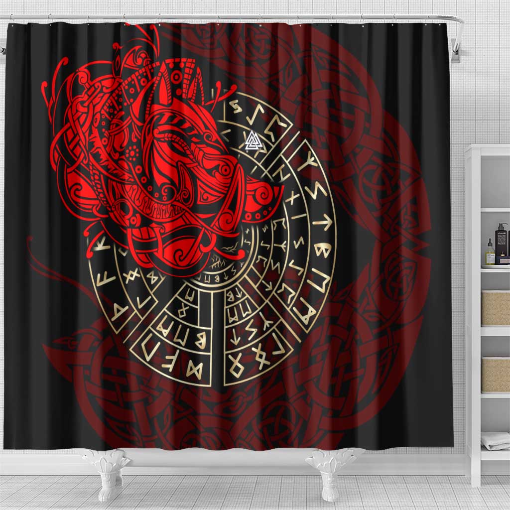 Yggdrasil Shower Curtain with Red Norse Dragon and Runes Viking Heritage Tribute - Wonder Print Shop
