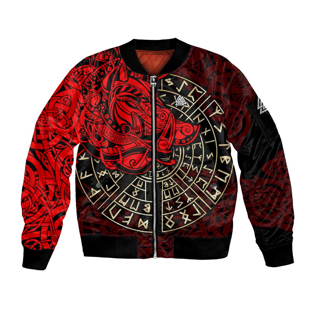 Yggdrasil Sleeve Zip Bomber Jacket with Red Norse Dragon and Runes Viking Heritage Tribute - Wonder Print Shop