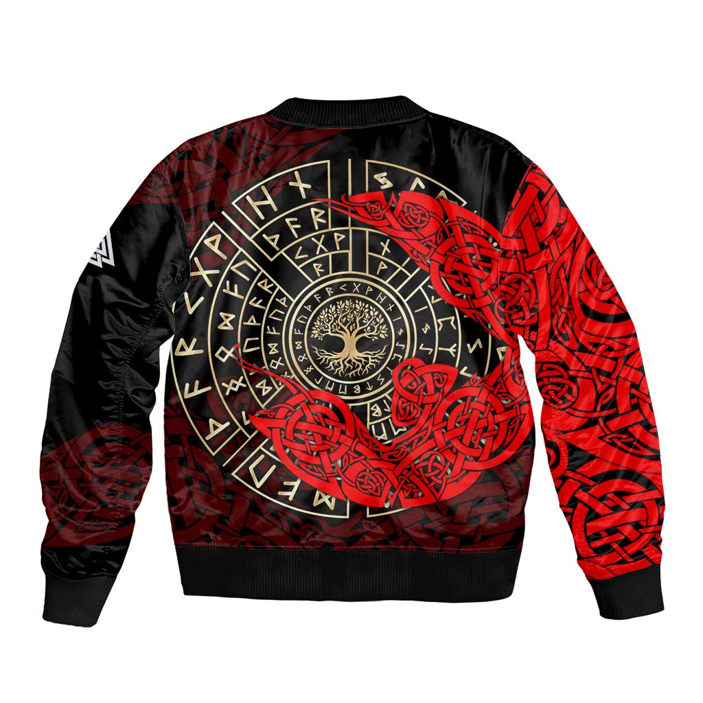 Yggdrasil Sleeve Zip Bomber Jacket with Red Norse Dragon and Runes Viking Heritage Tribute - Wonder Print Shop