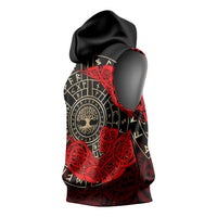 Yggdrasil Sleeveless Hoodie with Red Norse Dragon and Runes Viking Heritage Tribute - Wonder Print Shop