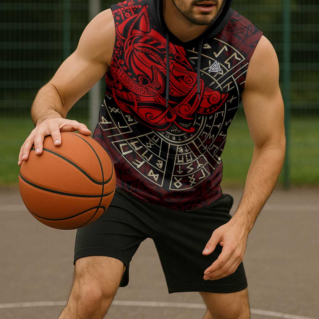 Yggdrasil Sleeveless Hoodie with Red Norse Dragon and Runes Viking Heritage Tribute - Wonder Print Shop