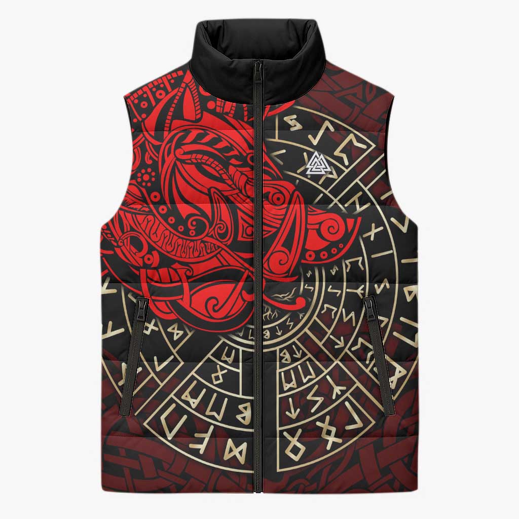 Yggdrasil Sleeveless Puffer Jacket with Red Norse Dragon and Runes Viking Heritage Tribute - Wonder Print Shop