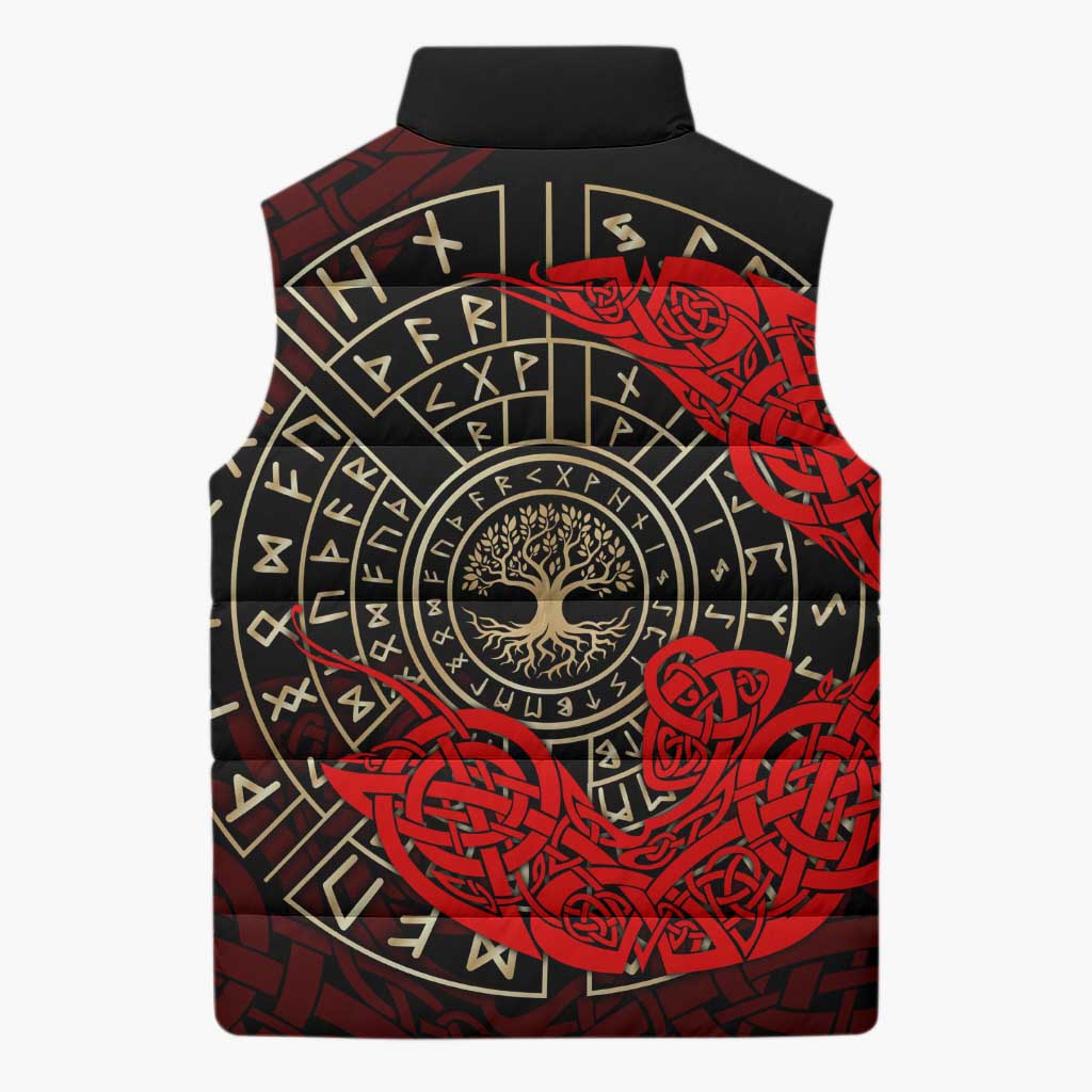 Yggdrasil Sleeveless Puffer Jacket with Red Norse Dragon and Runes Viking Heritage Tribute - Wonder Print Shop