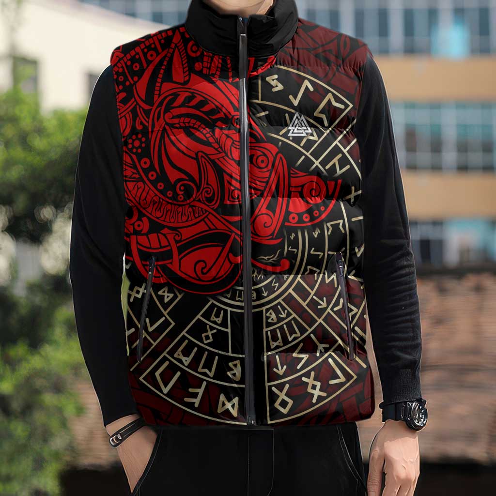 Yggdrasil Sleeveless Puffer Jacket with Red Norse Dragon and Runes Viking Heritage Tribute - Wonder Print Shop