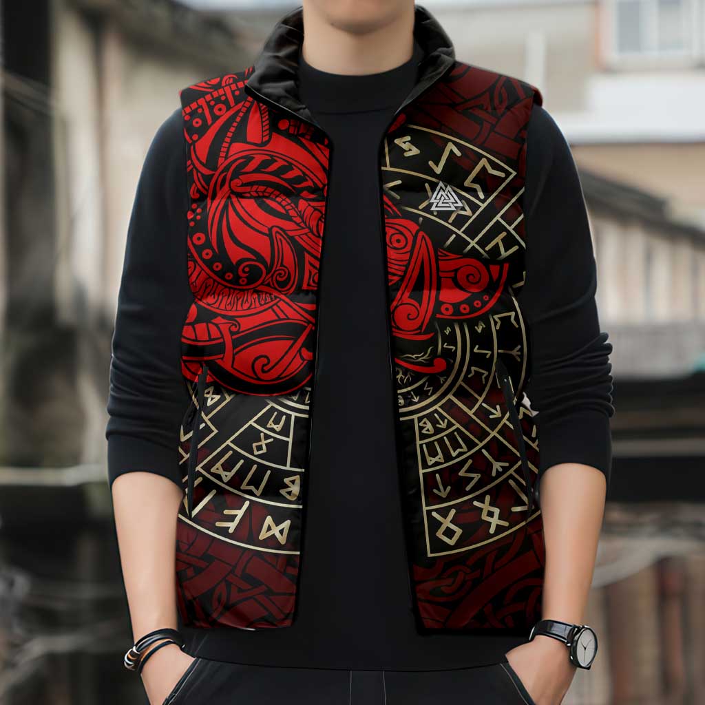 Yggdrasil Sleeveless Puffer Jacket with Red Norse Dragon and Runes Viking Heritage Tribute - Wonder Print Shop