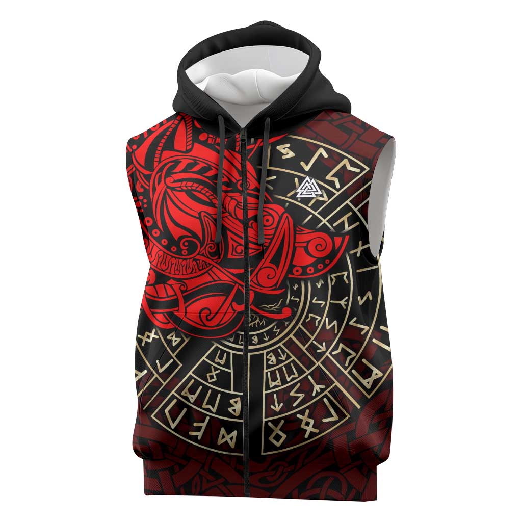 Yggdrasil Sleeveless Zip Hoodie with Red Norse Dragon and Runes Viking Heritage Tribute - Wonder Print Shop