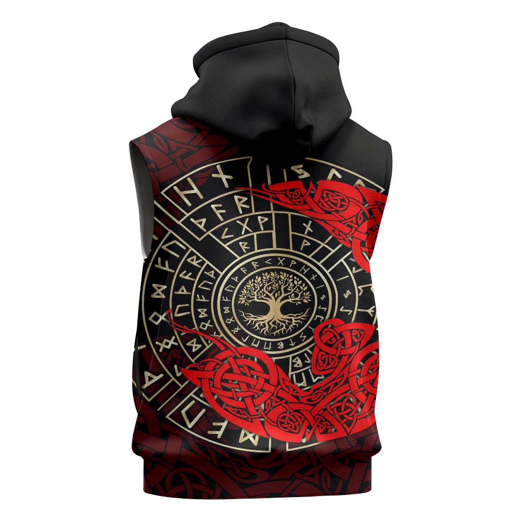 Yggdrasil Sleeveless Zip Hoodie with Red Norse Dragon and Runes Viking Heritage Tribute - Wonder Print Shop