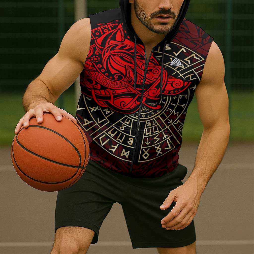 Yggdrasil Sleeveless Zip Hoodie with Red Norse Dragon and Runes Viking Heritage Tribute - Wonder Print Shop