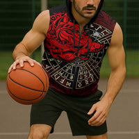 Yggdrasil Sleeveless Zip Hoodie with Red Norse Dragon and Runes Viking Heritage Tribute - Wonder Print Shop