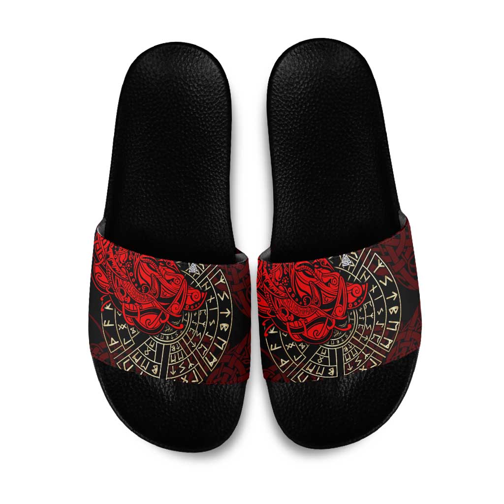 Yggdrasil Slide Sandals with Red Norse Dragon and Runes Viking Heritage Tribute - Wonder Print Shop