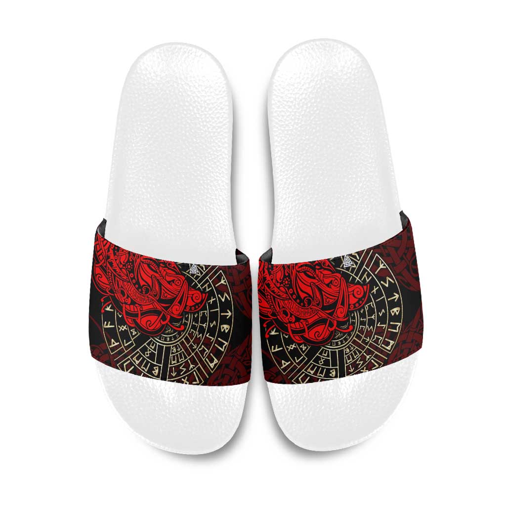 Yggdrasil Slide Sandals with Red Norse Dragon and Runes Viking Heritage Tribute - Wonder Print Shop