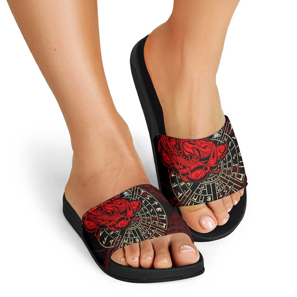 Yggdrasil Slide Sandals with Red Norse Dragon and Runes Viking Heritage Tribute - Wonder Print Shop
