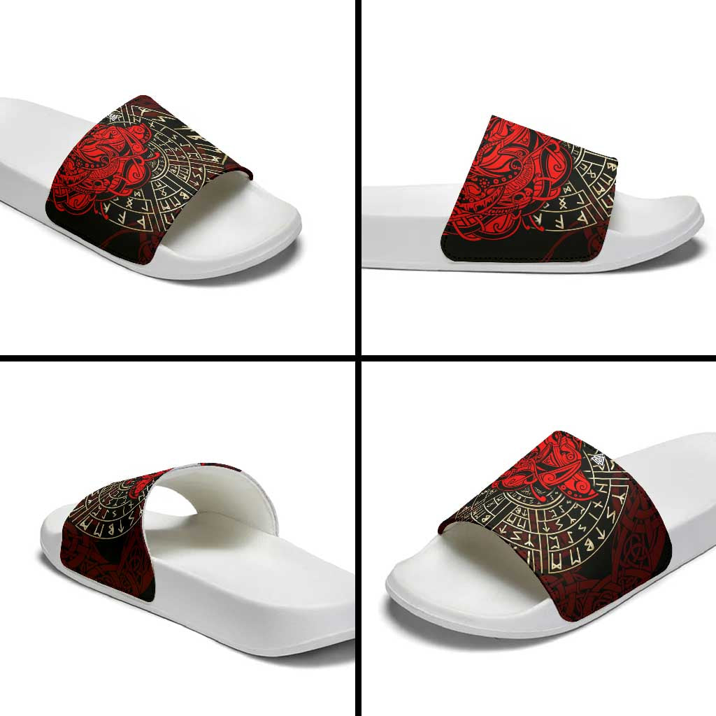 Yggdrasil Slide Sandals with Red Norse Dragon and Runes Viking Heritage Tribute - Wonder Print Shop