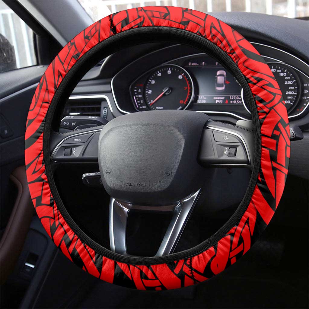 Yggdrasil Steering Wheel Cover with Red Norse Dragon and Runes Viking Heritage Tribute - Wonder Print Shop