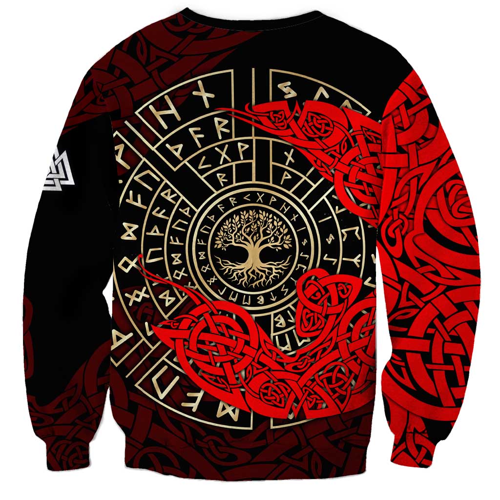 Yggdrasil Sweatshirt with Red Norse Dragon and Runes Viking Heritage Tribute - Wonder Print Shop