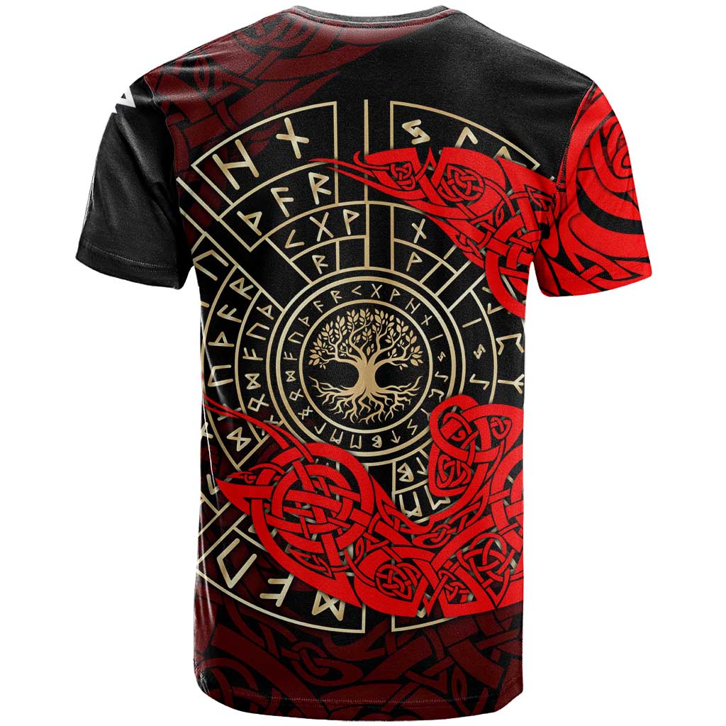 Yggdrasil T Shirt with Red Norse Dragon and Runes Viking Heritage Tribute - Wonder Print Shop
