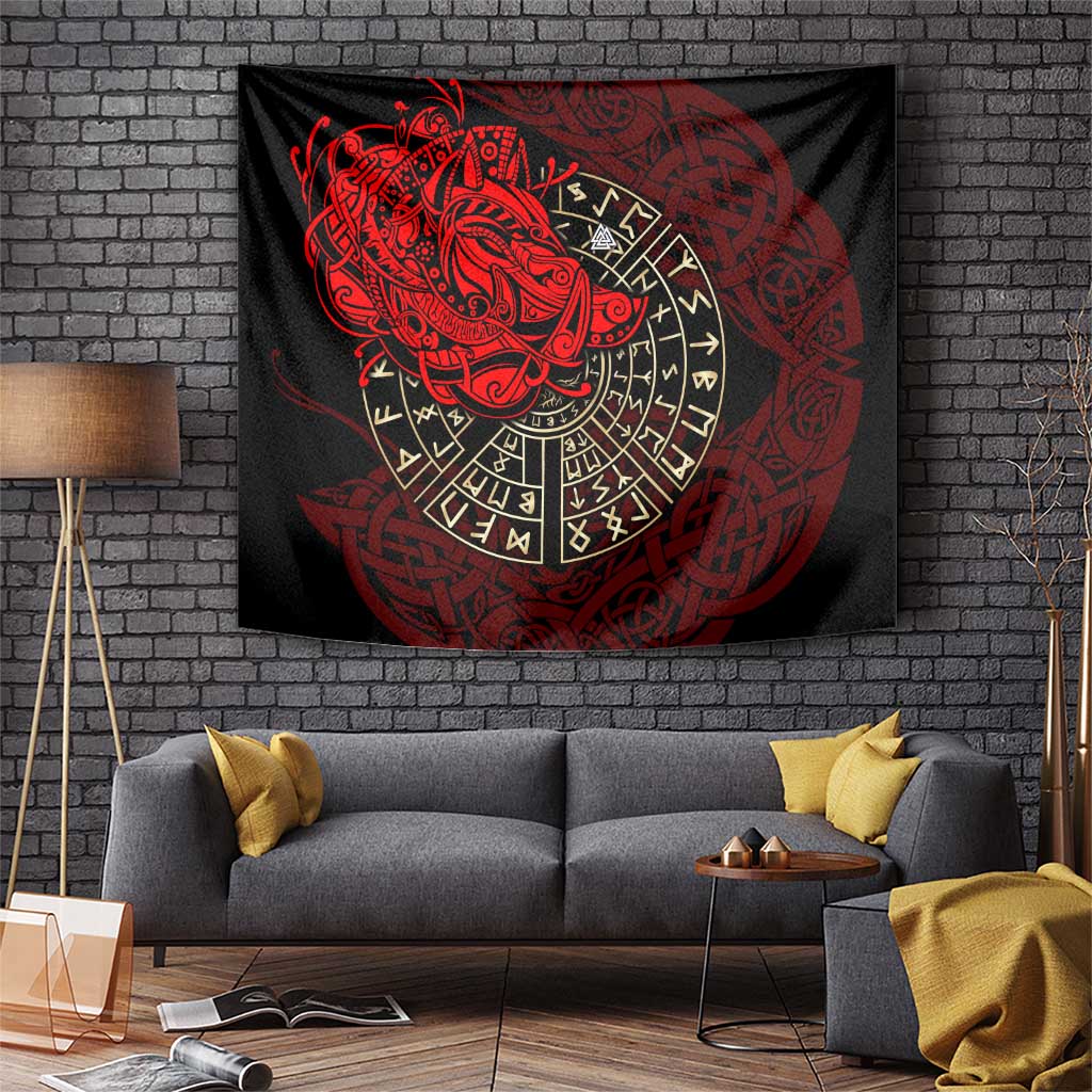 Yggdrasil Tapestry with Red Norse Dragon and Runes Viking Heritage Tribute - Wonder Print Shop
