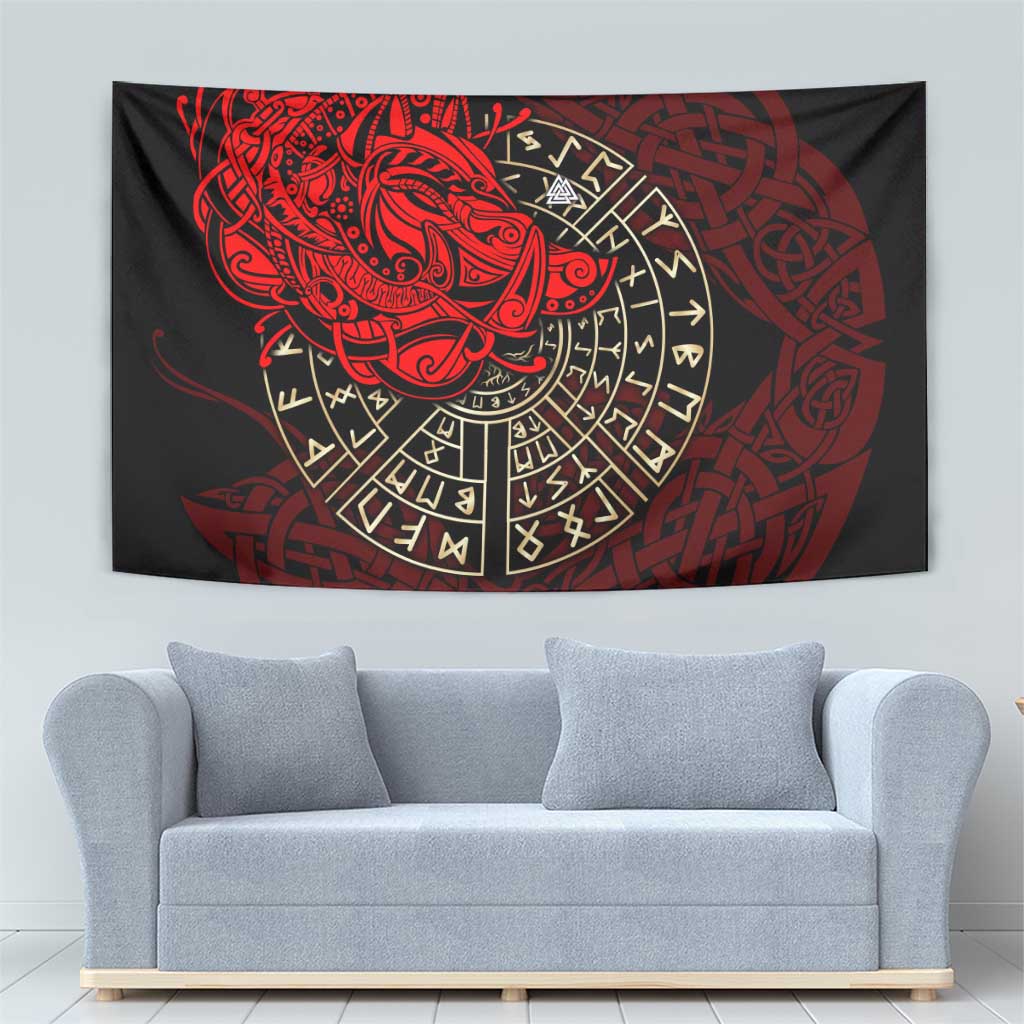 Yggdrasil Tapestry with Red Norse Dragon and Runes Viking Heritage Tribute - Wonder Print Shop