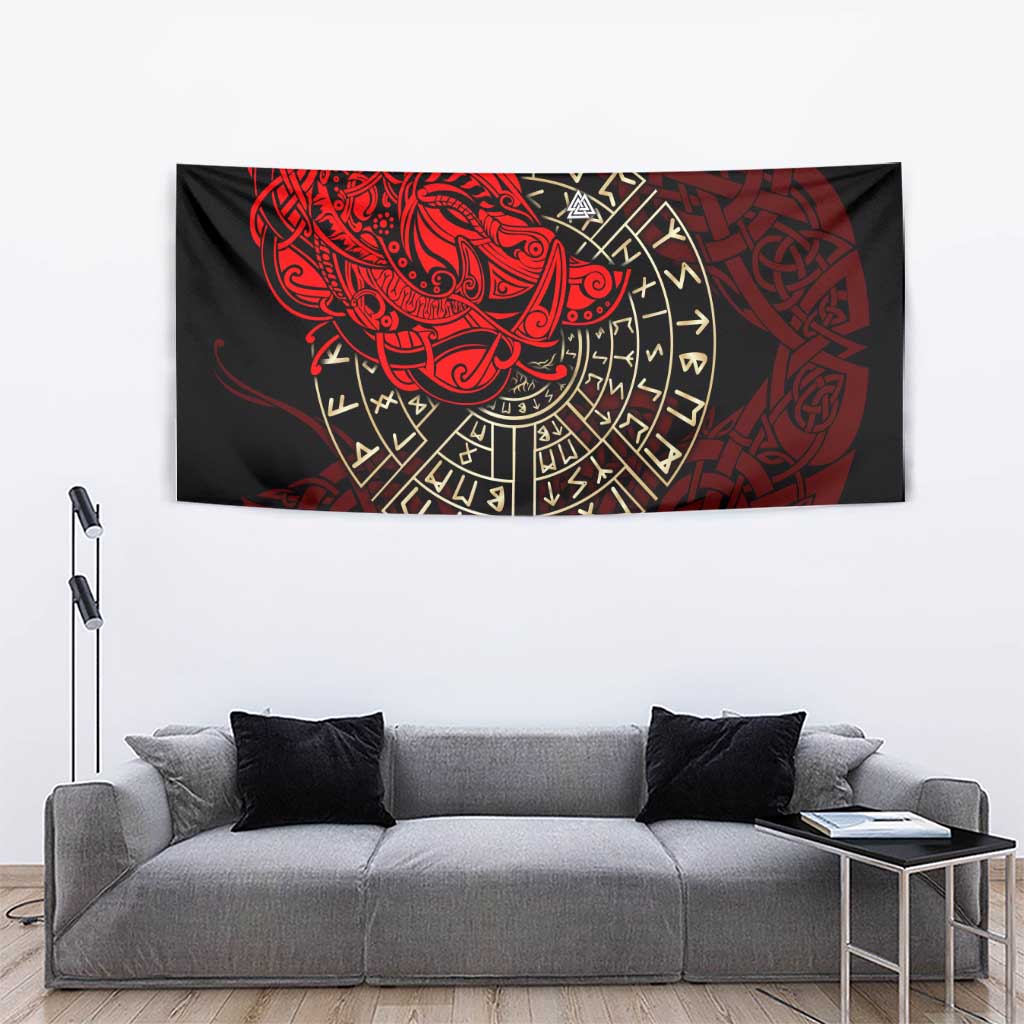 Yggdrasil Tapestry with Red Norse Dragon and Runes Viking Heritage Tribute - Wonder Print Shop