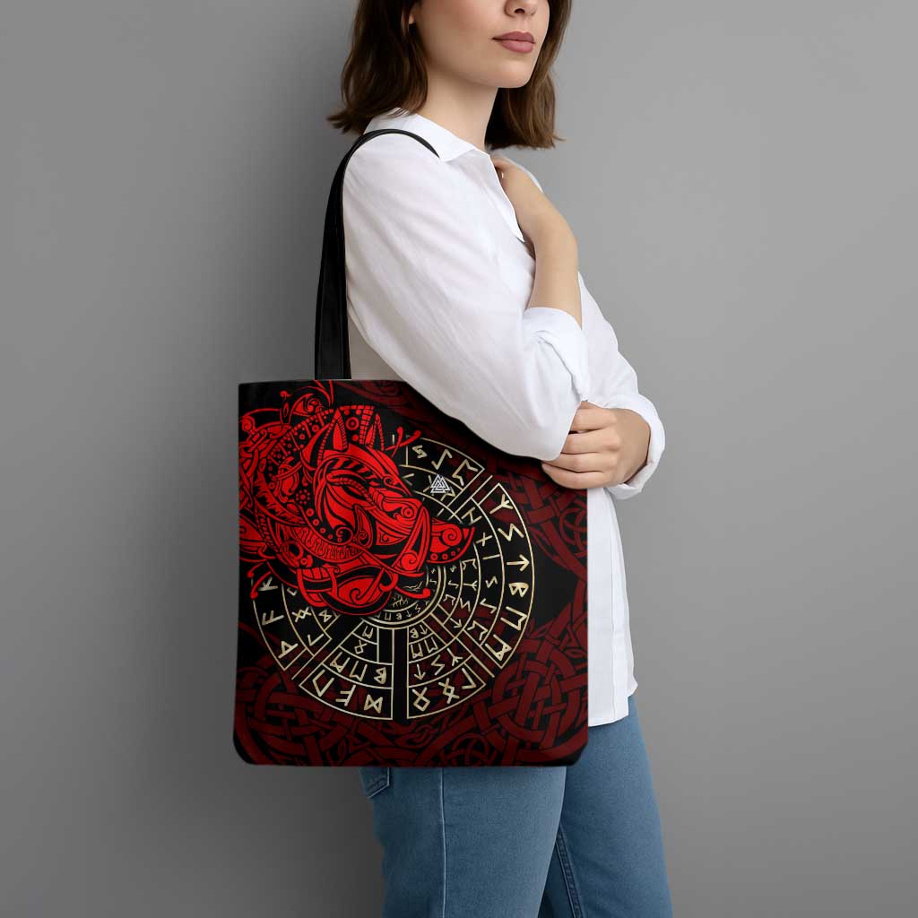 Yggdrasil Tote Bag with Red Norse Dragon and Runes Viking Heritage Tribute - Wonder Print Shop
