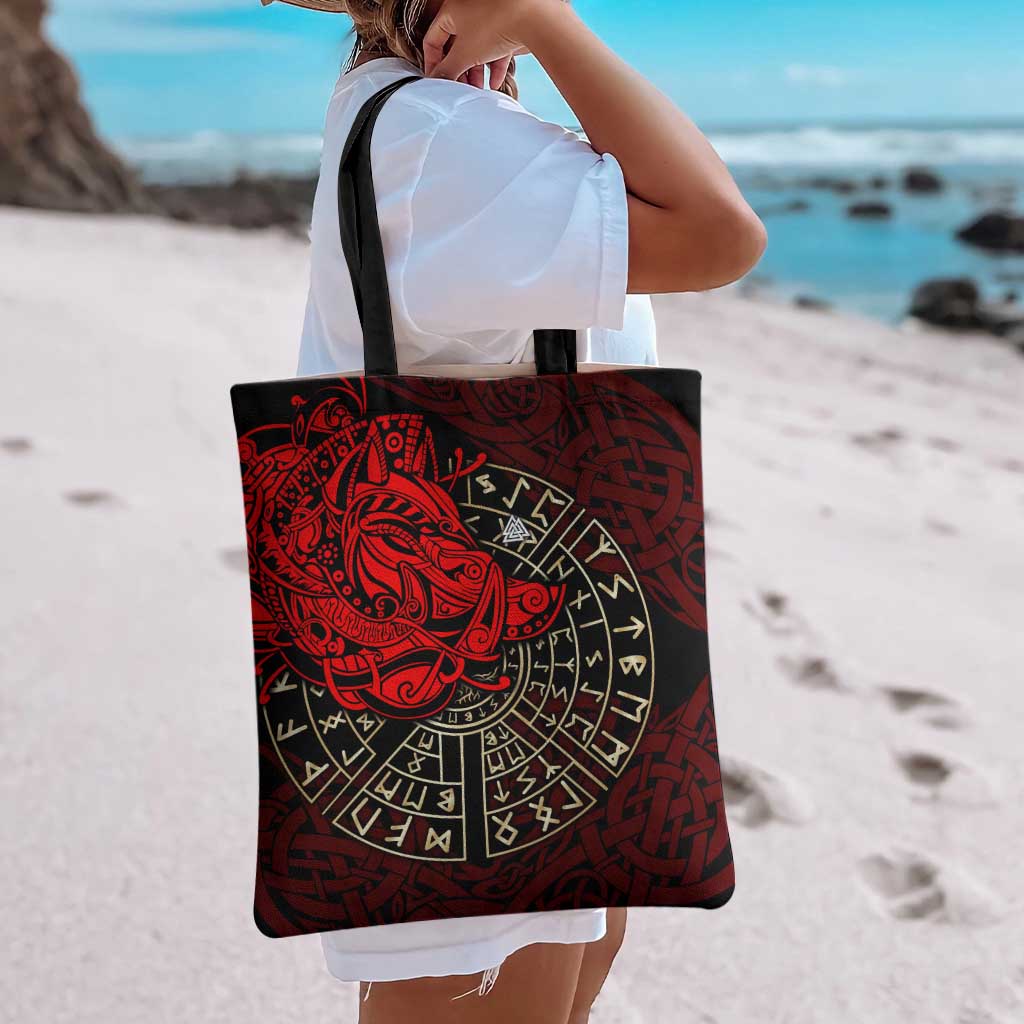 Yggdrasil Tote Bag with Red Norse Dragon and Runes Viking Heritage Tribute - Wonder Print Shop