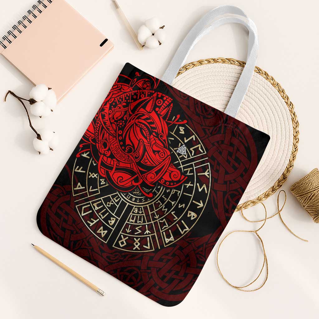Yggdrasil Tote Bag with Red Norse Dragon and Runes Viking Heritage Tribute - Wonder Print Shop