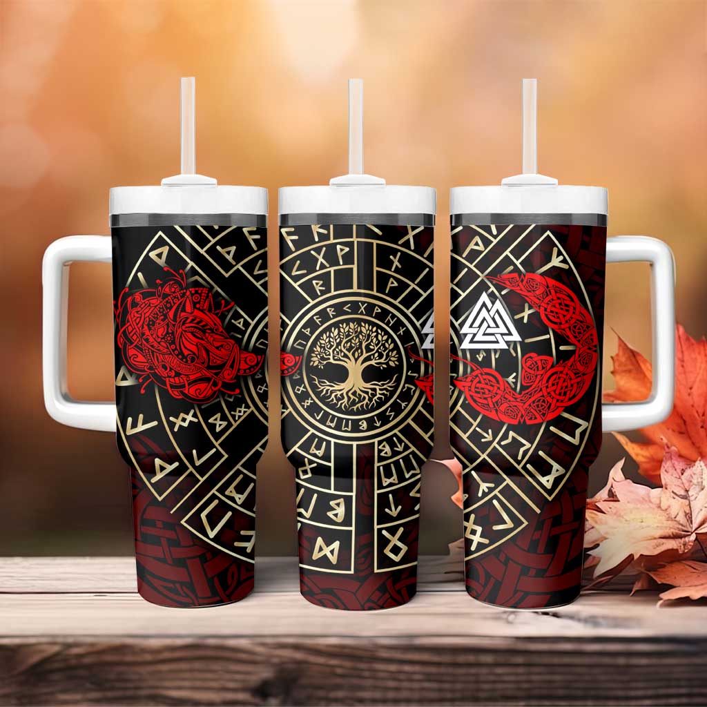 Yggdrasil Tumbler With Handle with Red Norse Dragon and Runes Viking Heritage Tribute - Wonder Print Shop
