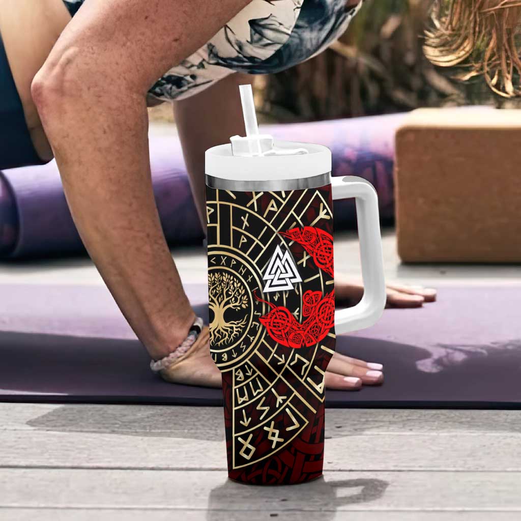 Yggdrasil Tumbler With Handle with Red Norse Dragon and Runes Viking Heritage Tribute - Wonder Print Shop