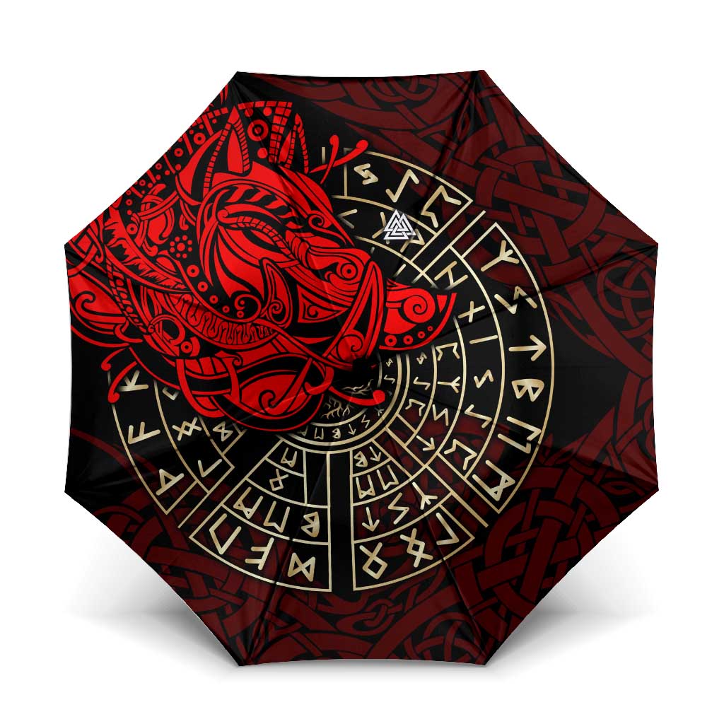 Yggdrasil Umbrella with Red Norse Dragon and Runes Viking Heritage Tribute - Wonder Print Shop