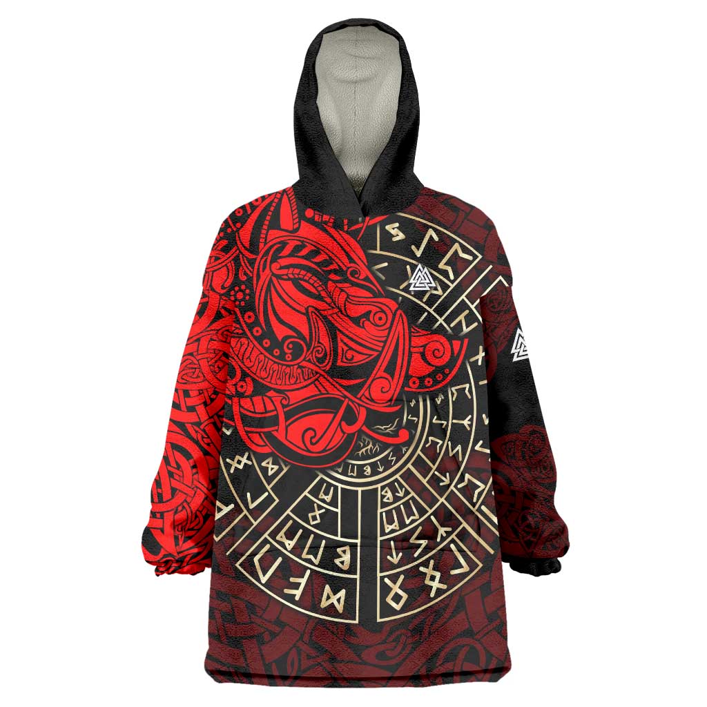 Yggdrasil Wearable Blanket Hoodie with Red Norse Dragon and Runes Viking Heritage Tribute - Wonder Print Shop