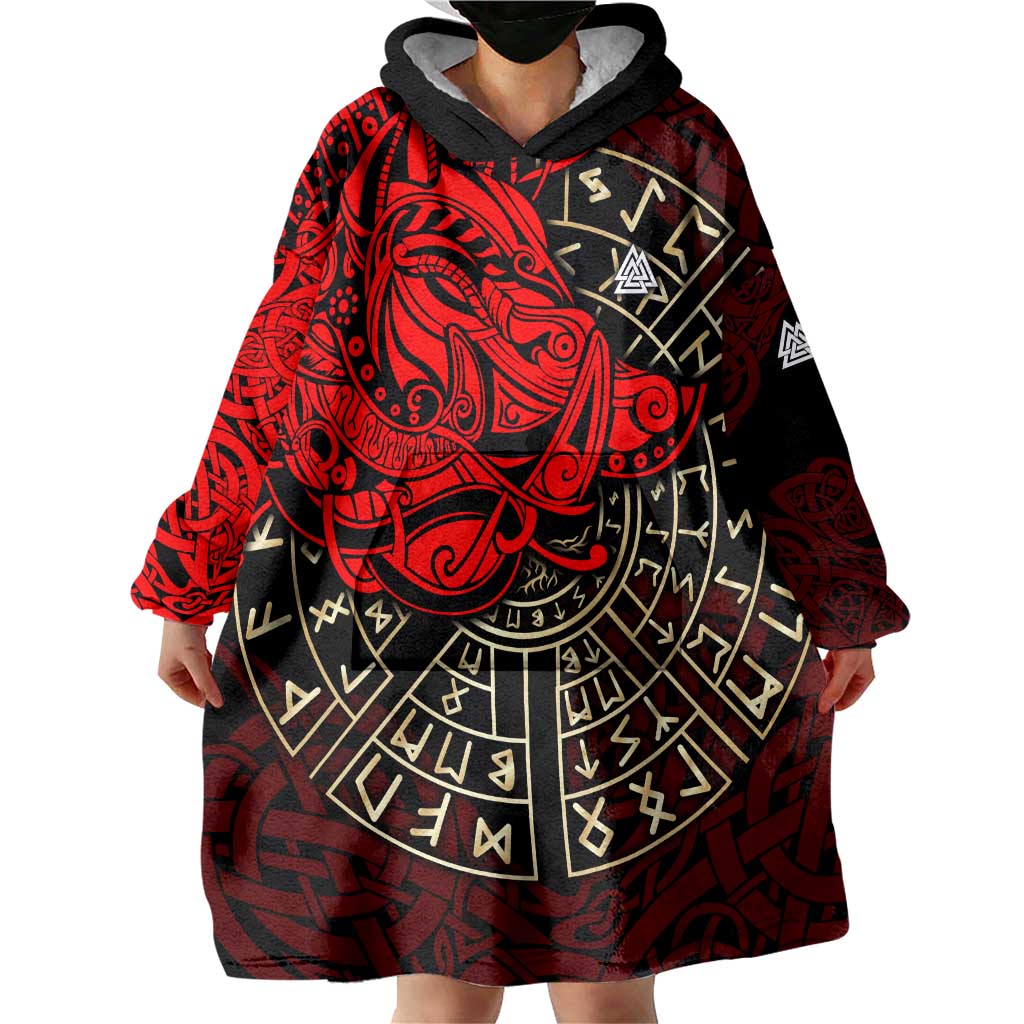 Yggdrasil Wearable Blanket Hoodie with Red Norse Dragon and Runes Viking Heritage Tribute - Wonder Print Shop