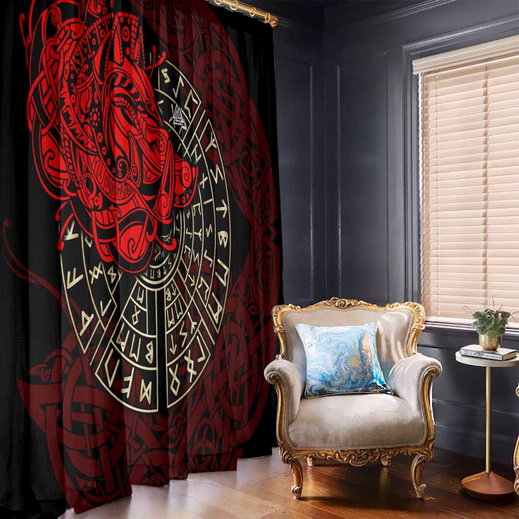 Yggdrasil Window Curtain with Red Norse Dragon and Runes Viking Heritage Tribute - Wonder Print Shop