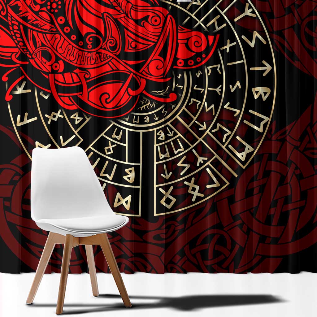 Yggdrasil Window Curtain with Red Norse Dragon and Runes Viking Heritage Tribute - Wonder Print Shop