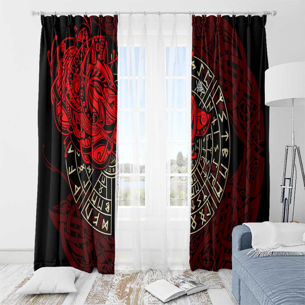 Yggdrasil Window Curtain with Red Norse Dragon and Runes Viking Heritage Tribute - Wonder Print Shop