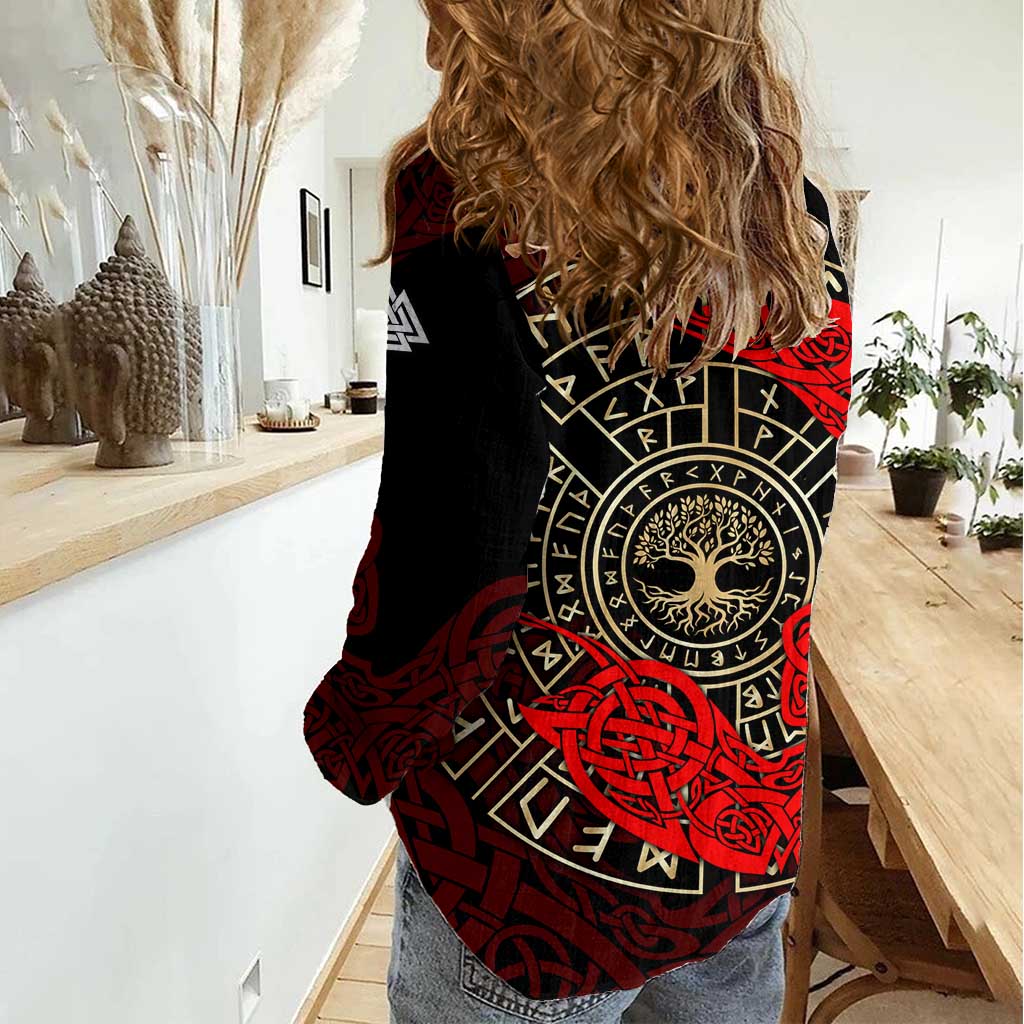 Yggdrasil Women Casual Shirt with Red Norse Dragon and Runes Viking Heritage Tribute - Wonder Print Shop