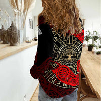 Yggdrasil Women Casual Shirt with Red Norse Dragon and Runes Viking Heritage Tribute - Wonder Print Shop