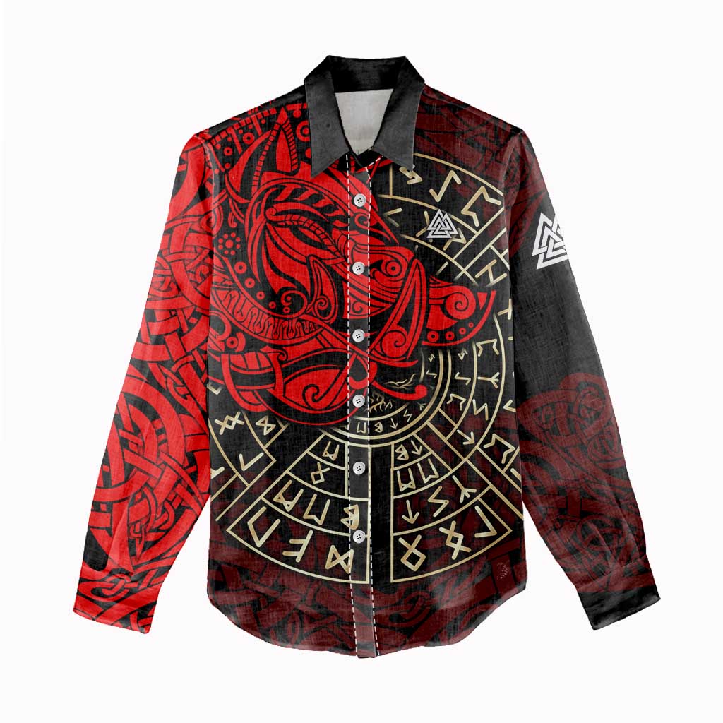 Yggdrasil Women Casual Shirt with Red Norse Dragon and Runes Viking Heritage Tribute - Wonder Print Shop
